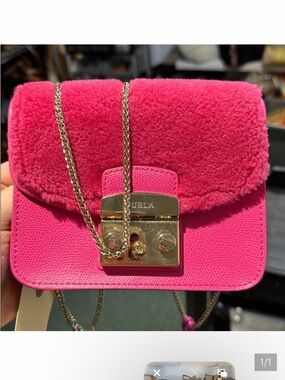 Furla Hot Pink Shearling-Trim Mini Crossbody With Key